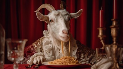 Goat Enjoys Spaghetti with Red Sauce in Elegant Dining Setting