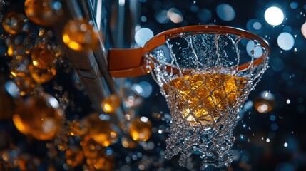 A basketball swishes through the net, water splashing around
