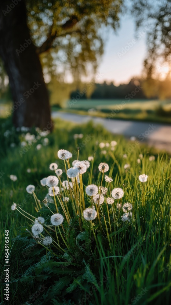 Poster dandelions silhouetted by sunlight on a grassy field in springtime with a tree trunk and green meado