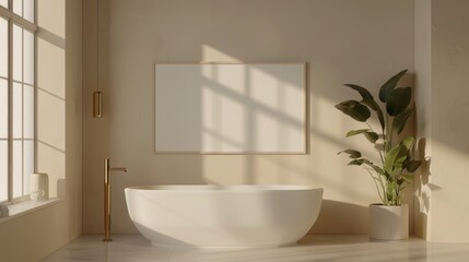 An empty rectangle frame mockup in white, placed on the wall of a modern bathroom with beige walls and neutral tones, featuring a freestanding bathtub and window. 