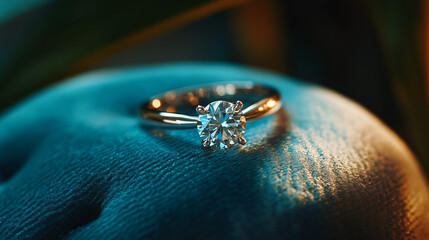 A close-up of a diamond ring resting on a velvet cushion under soft lighting.