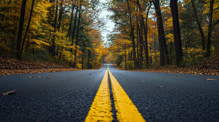 A classic American road with yellow lane markings surrounded by autumn trees.