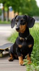 Alert dachshund dog sitting next to skateboard on a wooden deck in a park environment surrounded by greenery and natural light.