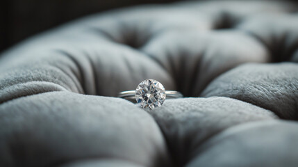 A close-up of a diamond ring resting on a velvet cushion under soft lighting.