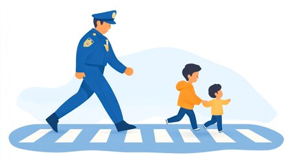 Obraz premium Police Officer Assisting Children to Cross the Street Safely Community Safety Traffic Regulat