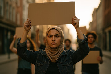 Woman Holding Blank Sign at Protest