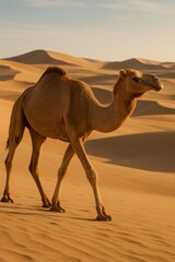 Camel Walking Through Golden Sand Dunes During Sunset in a Vast Desert Landscape
