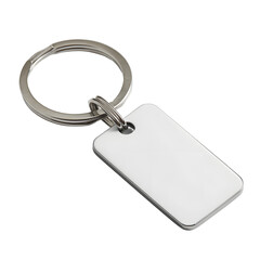 Simple, yet elegant key chain with a rectangular fob in a silvery metallic color.