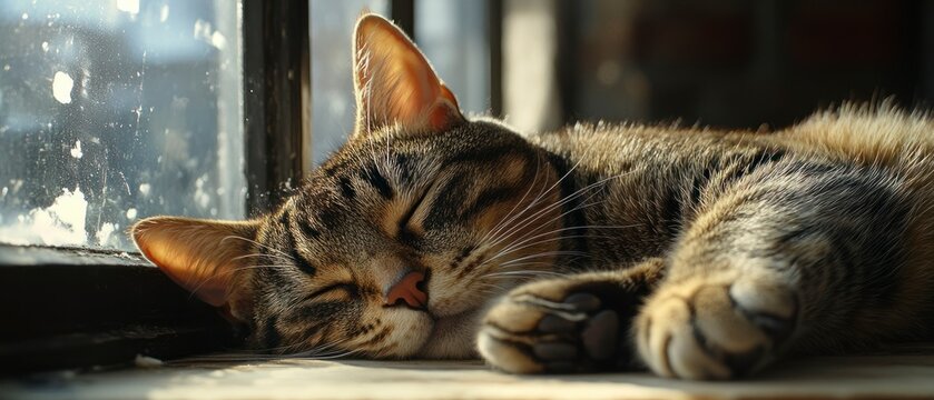 Tabby cat sleeps peacefully on window sill, bathed in warm sunlight.