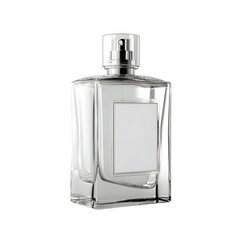 Elegant Glass Perfume Bottle on Black Background with Silver Accents and Blank Label