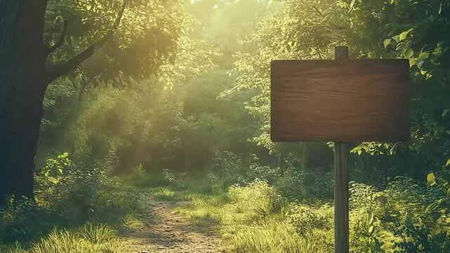 Serene forest path with a wooden signpost surrounded by lush greenery and soft sunlight