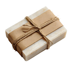 Two bars of soap bundled with a brown paper wrapper and tied with twine on dark background.