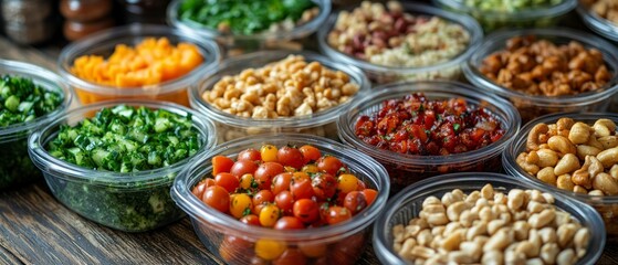 Prepared ingredients showcase a variety of chopped vegetables and whole nuts in clear plastic containers on a wooden surface, emphasizing culinary preparation.