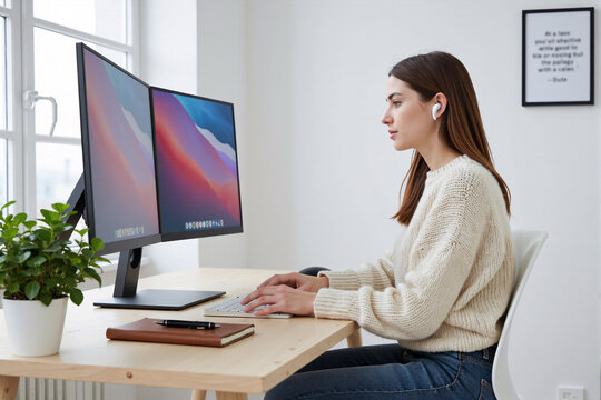 Young woman in cream sweater working at minimalist home office with dual curved monitors, wooden desk and indoor plant, representing contemporary ergonomic workspace design and professional technology