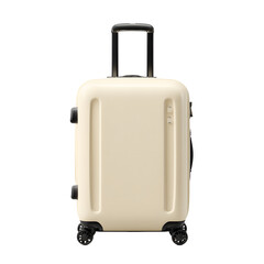 Cream-colored rolling suitcase with black accents against a stark black background.