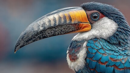 Close-up of a toucan's head and beak. Vibrant colors,  unique pattern of feathers,  long,  distinctive beak