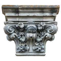 Architectural details of corinthian capital in historic building. Isolated on transparent background, png.