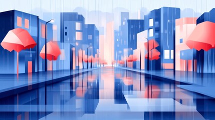 Rainy Cityscape with Vibrant Umbrellas Reflecting on Wet Streets Urban Scene Modern Architect