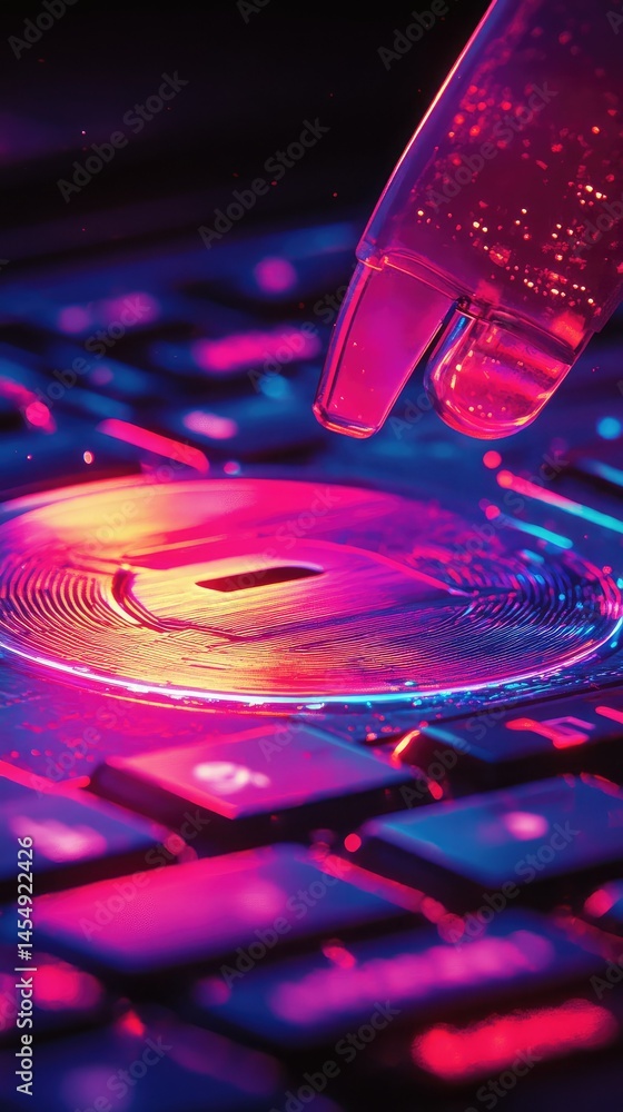 Poster abstract tech art. a glowing circular object sits on a keyboard. a futuristic, vibrant design