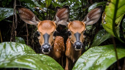 Fototapeta premium Baby Deer Following Mother Through Jungle Underbrush With Wet Foliage Brushing Their Legs and Natural Textures Visible In Every Leaf