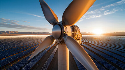A close-up of a wind turbine with solar panels beneath it under a sunset sky. Suggests sustainable energy and power generation for environmental purposes.