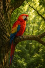 Obraz premium Brightly Colored Parrot Perched on a Branch in a Lush Forest During the Day