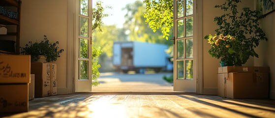 Open doorway reveals moving truck and cardboard boxes, creating atmosphere of new beginnings and domestic transition.