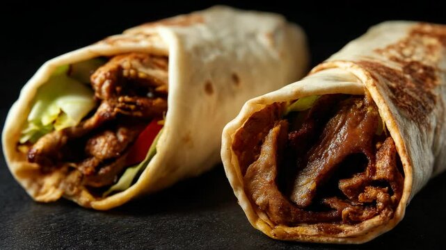 Two wraps filled with grilled meat, lettuce, and tomato on a dark surface, perfect for a quick and delicious meal.