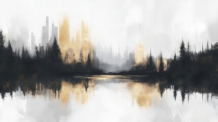 Fototapeta premium Abstract lake painting with textured brush strokes in black, white, grey, beige, and gold accents, showcasing modern contemporary art and neutral color tones.