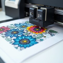 DTF printer head applying vivid ink to transparent film, intricate design details, clean white background