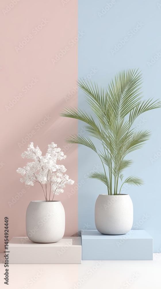 Poster colorful podiums with plants create a serene atmosphere in a modern setting
