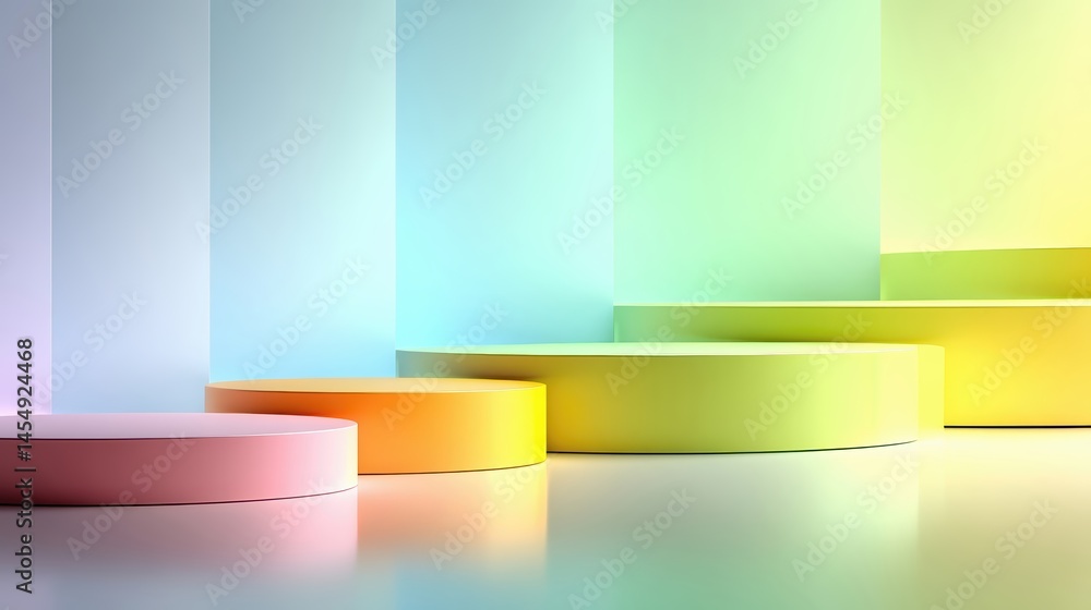 Poster vibrant pastel podiums illuminate a unique event space with a playful atmosphere