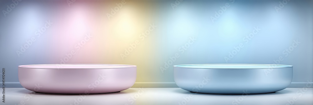 Poster Vibrant Podiums Illuminated by Soft Lights Create an Inviting Atmosphere for an Engaging Event