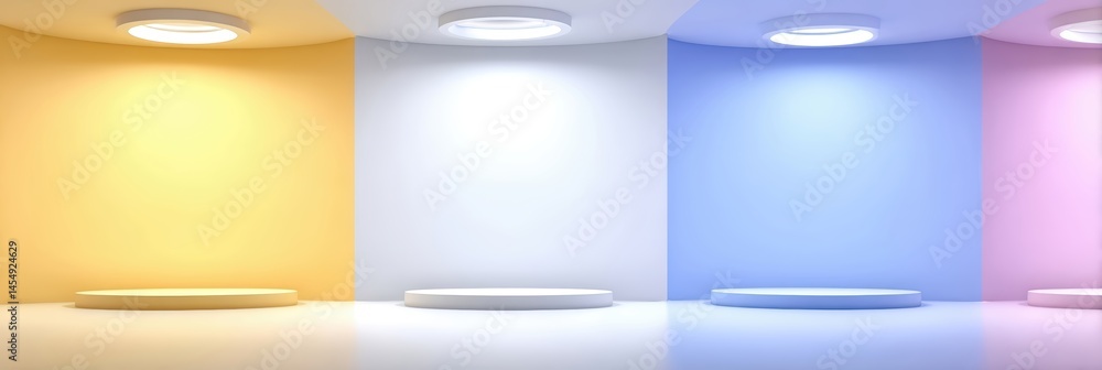 Poster Different Colored Podiums Create a Vibrant Display Under Circular Lights in a Pastel Setting