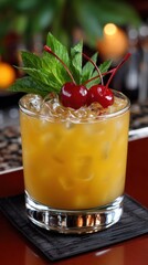 Refreshing old fashioned cocktail with ice cubes, mint leaves, and red maraschino cherries on a dark surface near bar setting