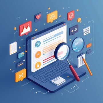 Magnifying glass blending with user interface and satisfaction icons, abstract digital background, square