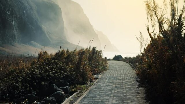 Empty cobblestone path curving through Madeira coastline under cliffs and sea mist (SLOG3)