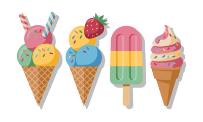 Modern vector illustration of colorful ice cream treats in a flat cartoon style, easily scalable and editable.