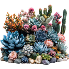 Fototapeta premium Vibrant succulent garden indoor space plant arrangement decor close-up. Isolated on transparent background, png.