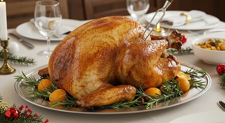 Roasted Turkey on Platter with Rosemary and Orange