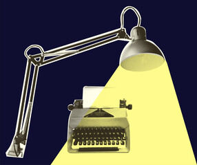 Office lamp and retro typewriter. Vintage bulb equipment. Halftone trendy cut out paper collage element isolated on yellow background, Polka dot pop art style texture Vector illustration