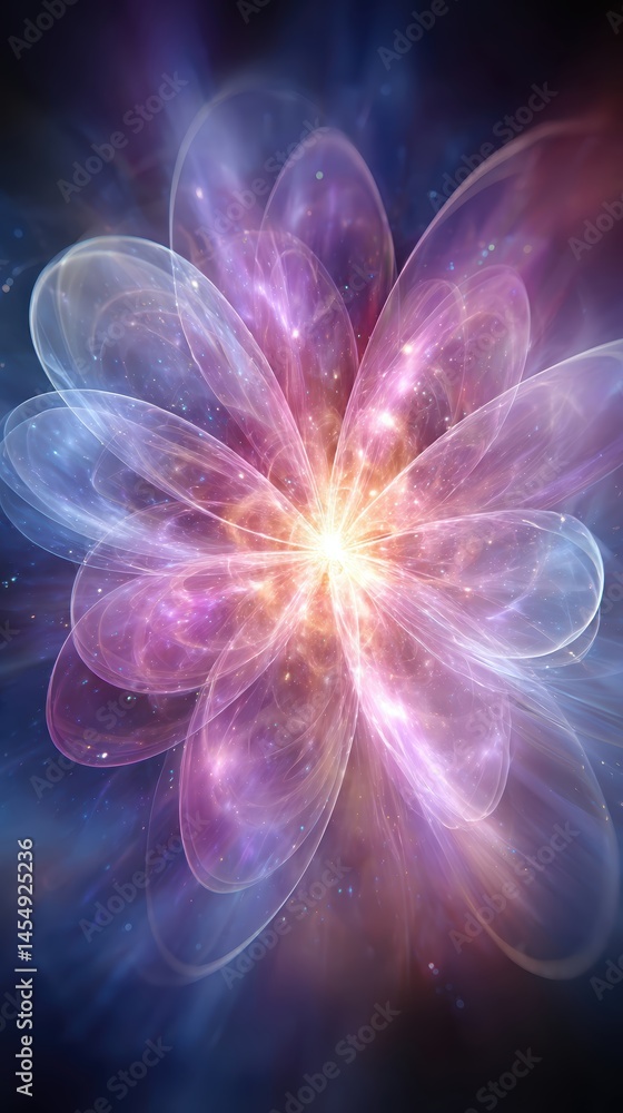 Poster exploring the fusion of quantum fields and artificial intelligence in a vibrant cosmic landscape