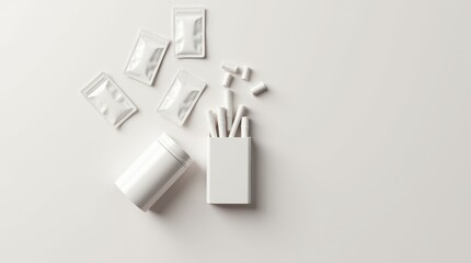 Obraz premium Open nicotine pouch container with white pouches, minimalist layout, subtle flavor icons, clean bright background, no people.