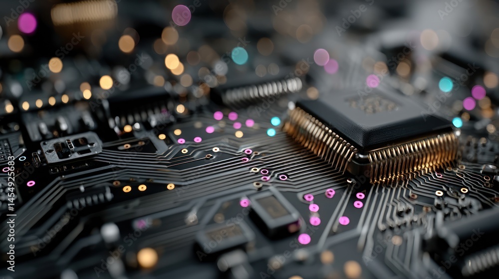 Fototapete Close-up view of intricate circuit board, showcasing a central processor chip with glowing components and illuminated pathways