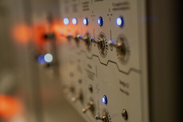 Technology on and off switches panel with lights, technological communication and control panel of...