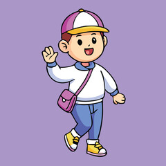 Cheerful young Asian boy waving his hand carries a pink satchel over solid background