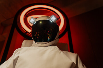 Technological full space suit for space walks with cosmic helmet for vacuum technology