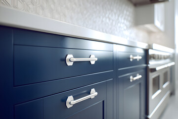 Modern Kitchen Cabinet: A stylish, close-up view of blue kitchen cabinets with sleek silver handles, creating a modern and functional atmosphere.