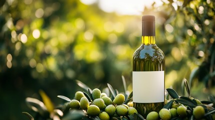 Fototapeta premium Olive Oil and Green Olives in an Outdoor Orchard