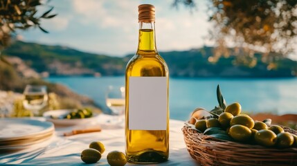 Olive Oil and Green Olives on Outdoor Table Overlooking Coast